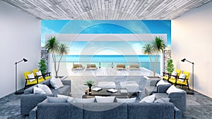 Beach lounge ,sun loungers on Sunbathing deck and private swimming pool with panoramic sea view at luxury villa/3d rendering