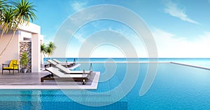 Beach lounge ,sun loungers on Sunbathing deck and private swimming pool with panoramic sea view at luxury villa/3d rendering