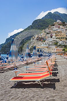 Beach lounges in Positano. Italian resort