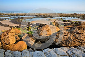 The beach at low tide with colorful rocks in the foreground at Cap Gris Nez, Cote d`Opale, Pas de Calais, Hauts de France, France