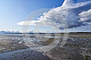 Beach at low tide with reflections