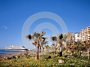 Beach of Malaga with cruise ship