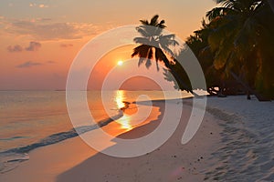 Beach in the Maldives at sunset. Palm trees, sand, sea.