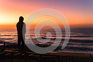 Beach Man Silhouetted Ocean Morning Sky Colors