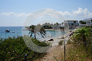 Beach on the Mediterranean coast in Pefkos or Pefki, Rhodes island, Greece