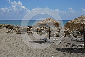 Beach on the Mediterranean coast in Pefkos or Pefki, Rhodes island, Greece