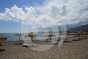 Beach on the Mediterranean coast in Pefkos or Pefki, Rhodes island, Greece