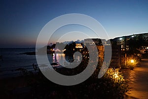 Beach on the Mediterranean coast in Pefkos or Pefki, Rhodes island, Greece