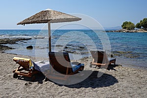 Beach on the Mediterranean coast in Pefkos or Pefki, Rhodes island, Greece