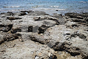 Beach on the Mediterranean coast in Pefkos or Pefki, Rhodes island, Greece