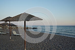 Beach on the Mediterranean coast in Pefkos or Pefki, Rhodes island, Greece