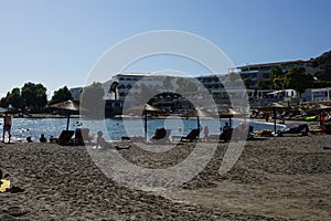 Beach on the Mediterranean coast in Pefkos or Pefki, Rhodes island, Greece