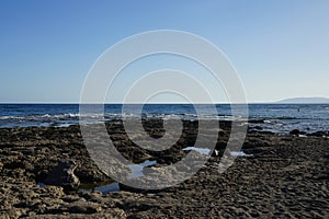 Beach on the Mediterranean coast in Pefkos or Pefki, Rhodes island, Greece