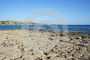 Beach on the Mediterranean coast in Pefkos or Pefki, Rhodes island, Greece