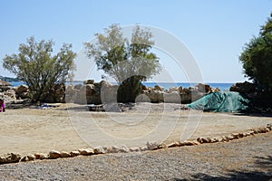 Beach on the Mediterranean coast in Pefkos or Pefki, Rhodes island, Greece