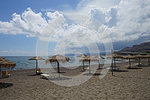 Beach on the Mediterranean coast in Pefkos or Pefki, Rhodes island, Greece