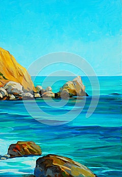 Beach on the mediterranean sea, painting, illustration