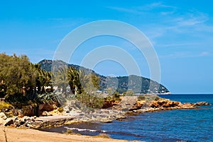 Beach of Mediterranean Sea under clear blue sky
