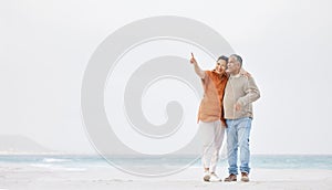 Beach, mockup and mature happy couple point at outdoor view, tropical advertising space or travel holiday destination