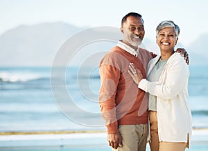 Beach, mockup and portrait of senior couple on vacation or holiday together and happy with love in nature at sea