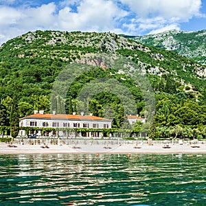 Beach in Montenegro - old hotel in the Queens` beach, Budva