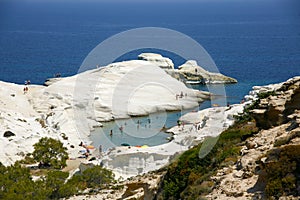 Beach and moonlike rocks in sarakiniko greece