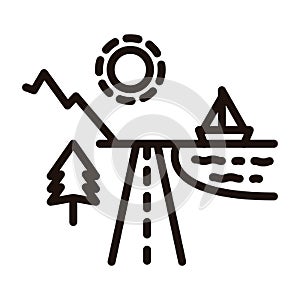 Beach and mountain holiday destinations divided by a road with the sun shinning, a tree, the ocean and a boat. Vector icon