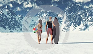 Beach mountains. Couple in summer cloths at snowy mountains