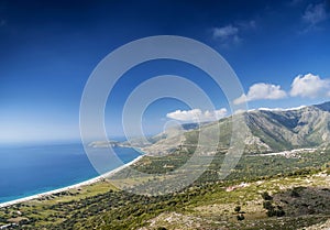 Beach and mountains ionian sea coastline view of south albania