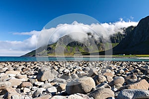 Beach and mountains at Unstad, Lofoten Norway