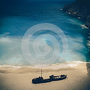 Beach Navagio in Zakynthos, vintage coaster photo