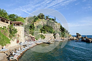 The beach near Antalya harbor, Turkey.