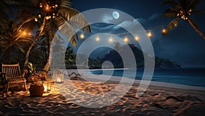 Beach at night with palm trees, chaise lounges and lanterns