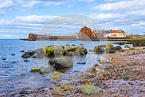 Beach at North Berwick with the view on the harbour, Scotland