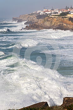 Beach on ocean coast, moviment waves with foam. photo