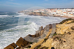 Beach on ocean coast, moviment waves with foam. photo