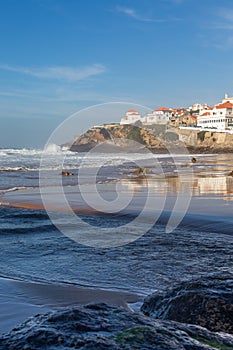 Beach on ocean coast, moviment waves with foam. photo