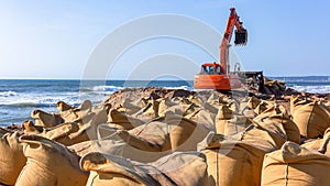 Beach Ocean Excavator Machine Sand Bag Barriers