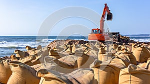 Beach Ocean Excavator Machine Sand Bag Barriers photo