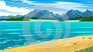 Beach ocean horizon. Tropical landscape. Sandy seashore. Sea and sand. Tidal bore. Vector illustration. Mountains in the distance