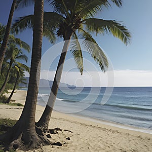 Beach with ocean landscape and palm trees. Beach and palm trees illustration. AI-Generated.