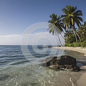 Beach with ocean landscape and palm trees. Beach and palm trees illustration. AI-Generated.