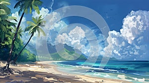 Beach and Ocean Wallpaper with Palm Trees in the Style of Speedpainting photo