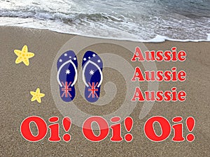 Beach with ocean waves, flip flops and a starfish as a symbol of Australia Day which is celebrated every January 26