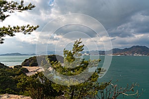 The beach of Okunoshima ( Rabbit Island ) in the Seto Inland Sea. Hiroshima prefecture, Japan.