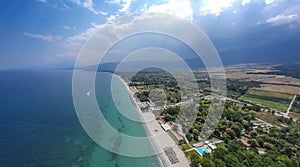 Beach over the seaside town Paralia Katerini - Aerial panoramic view of Pieria, Central Macedonia, Greece