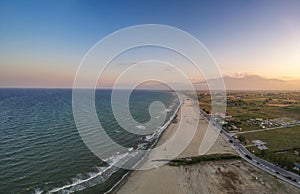 Beach over the seaside town Paralia Katerini - Aerial panoramic view of Pieria, Central Macedonia, Greece