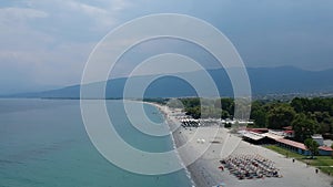 Beach over the seaside town Paralia Katerini - Aerial panoramic view of Pieria, Central Macedonia, Greece