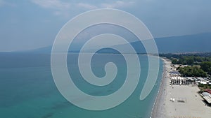 Beach over the seaside town Paralia Katerini - Aerial panoramic view of Pieria, Central Macedonia, Greece