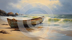 Struggling Canoe In Atlantic Ocean Undertow Beach Painting photo